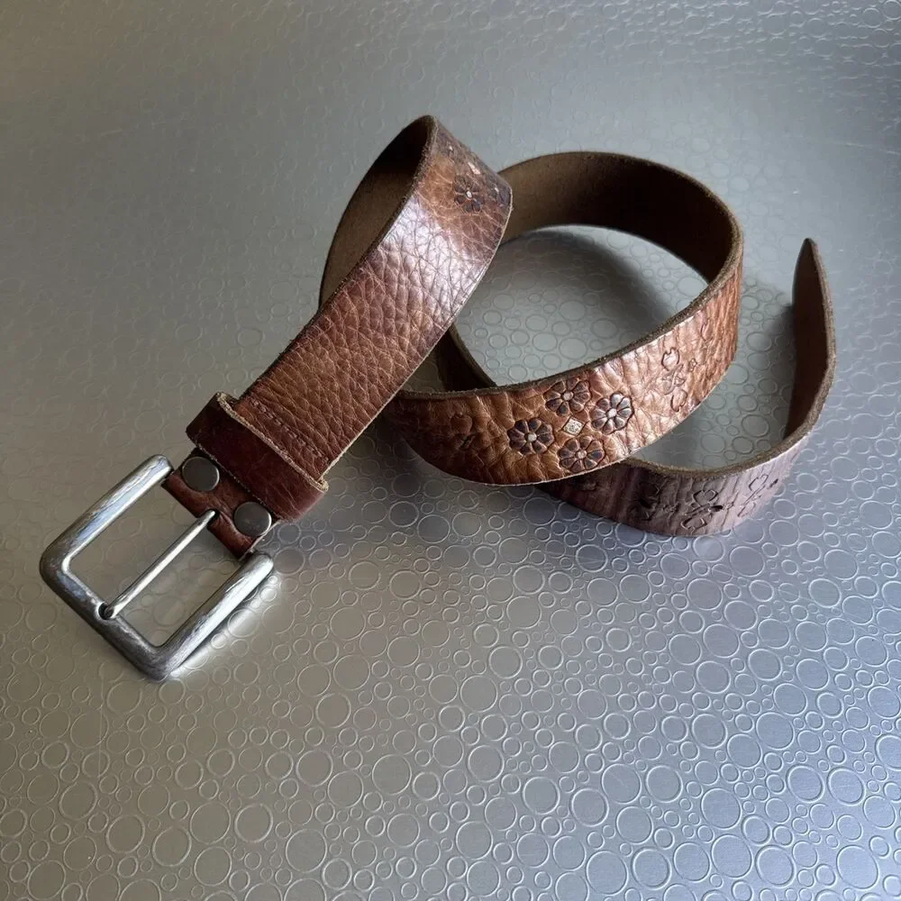 Vintage Floral Tooled Leather Belt 34 Square Buckle Brown Western Cowgirl Unisex